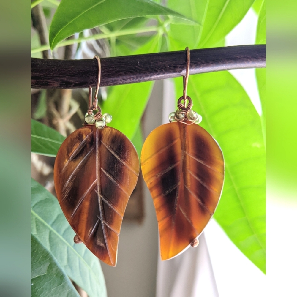 Artisan Autumn Leaf Earrings Carved Horn Hand Wrapped In Solid Copper - Picture 11 of 16